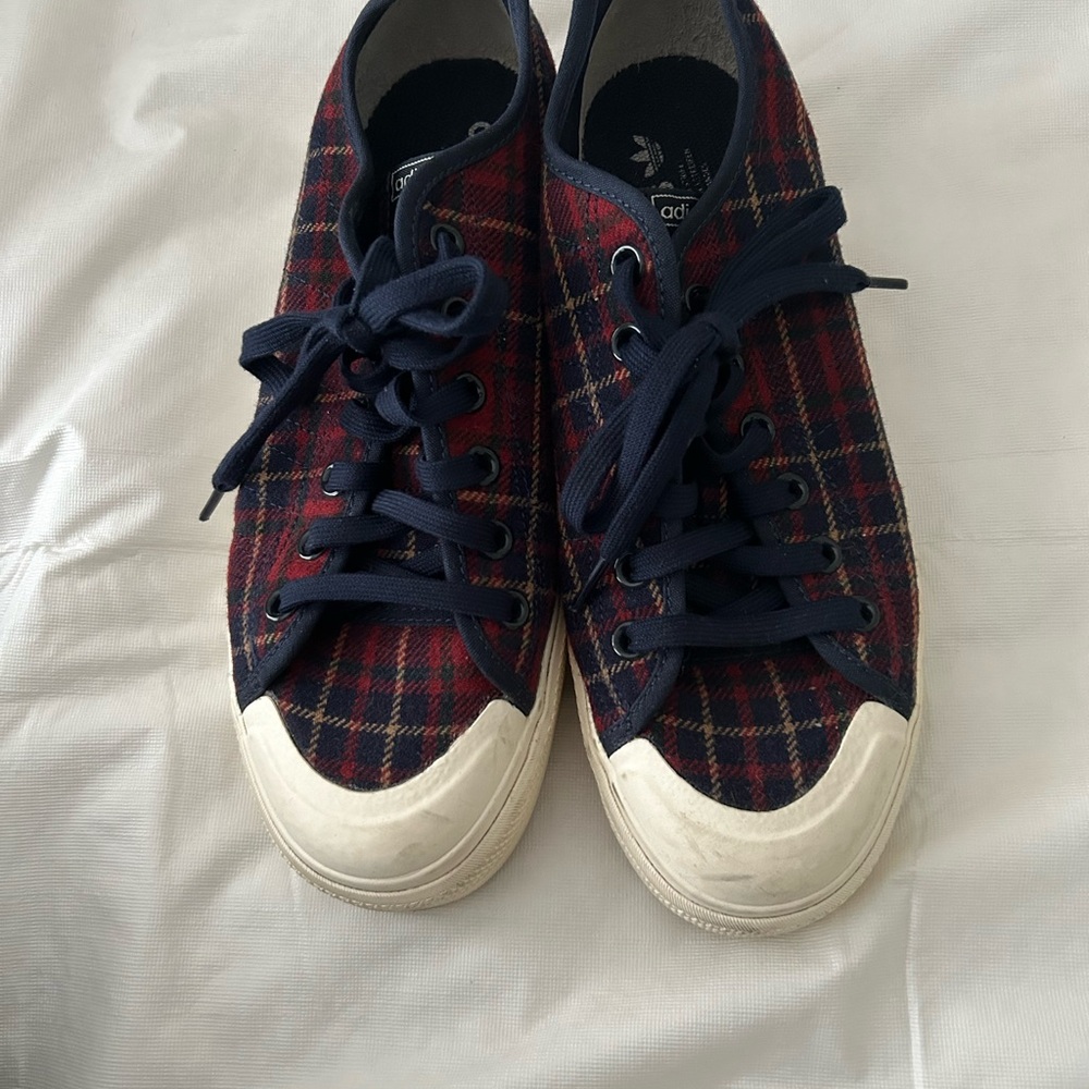 Adidas Red and Navy Plaid Sneakers